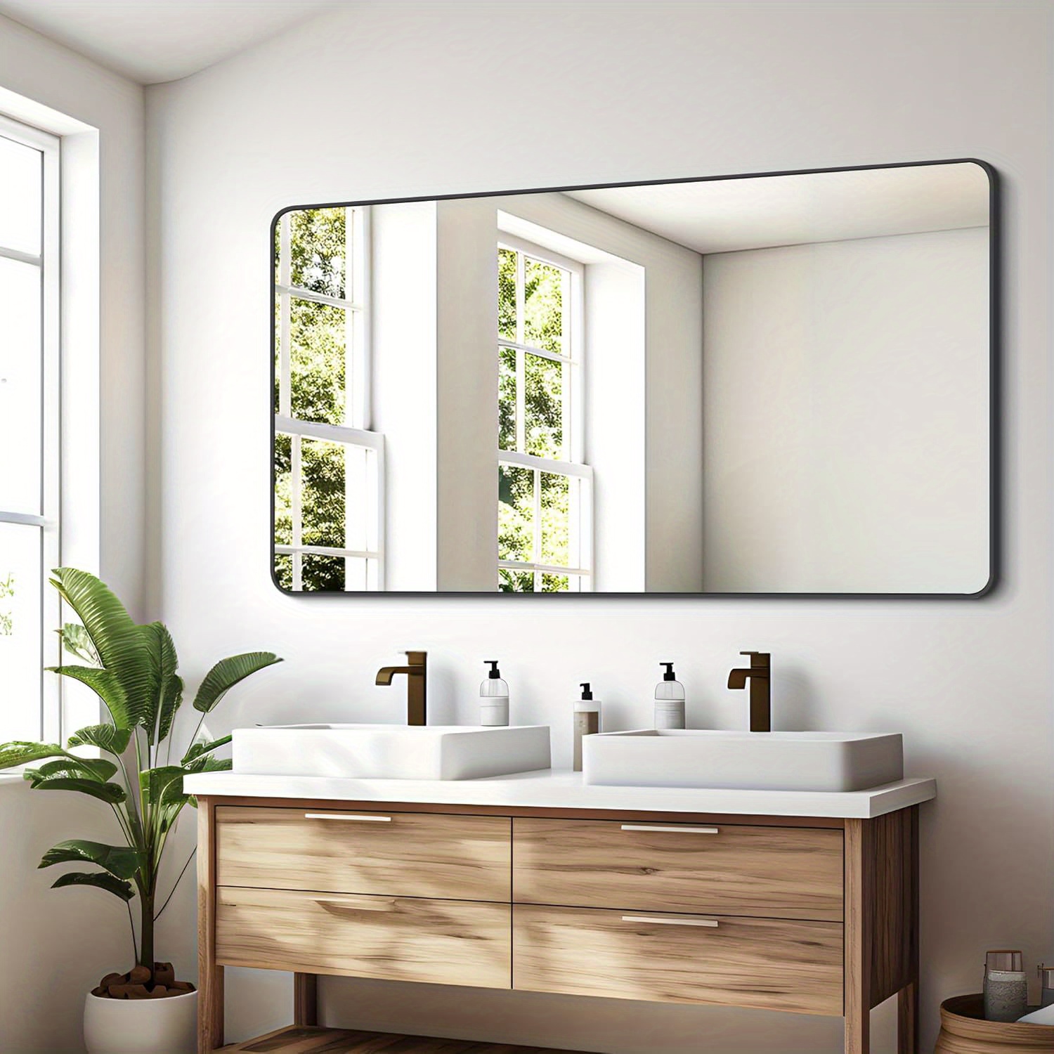 TEMU Bathroom Mirror, Large Square Wall Mirror With Black Aluminum Frame Rounded Corner, Wall Mounted Mirror For Bathroom Bedroom Entryway Living Room