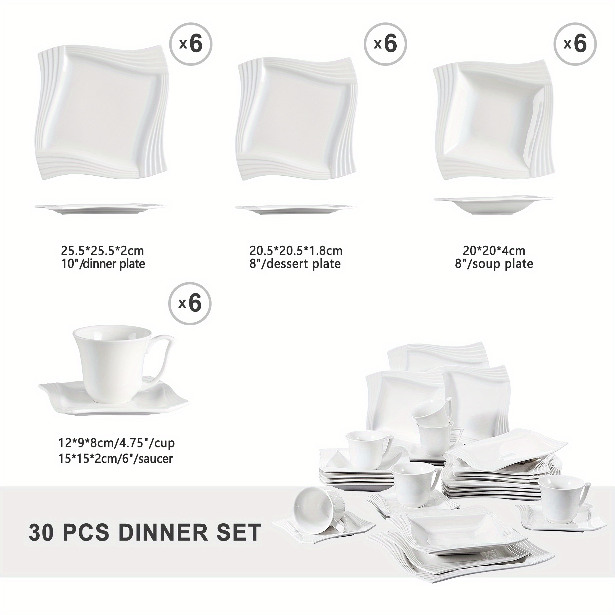 30pcs White Porcelain Dinnerware Set Cups Saucers Dessert Soup Dinner Plates Service For 6 Person