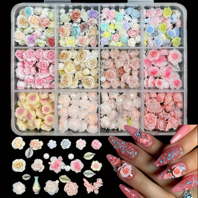 

1 Box 3d Rose Flower Butterfly Leaf Pearl Nail Art Embellishments Diy Assortment Kit, Mixed Nail Decorations Set, Alcohol Free - For Diy Nail Art And Manicure Crafts