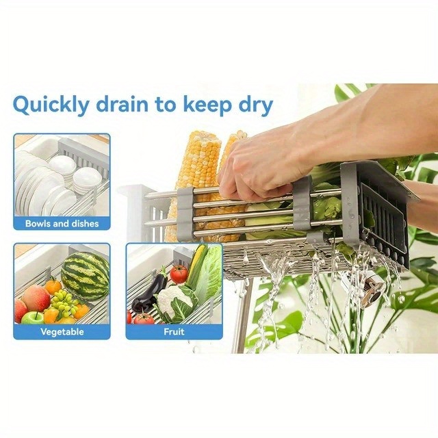 adjustable over the sink dish drying rack with stainless steel drain basket space saving solution for kitchen use details 1