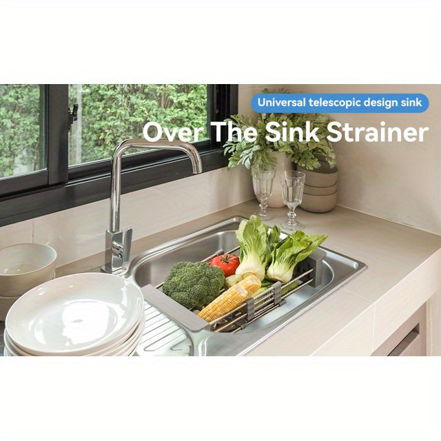 adjustable over the sink dish drying rack with stainless steel drain basket space saving solution for kitchen use details 2