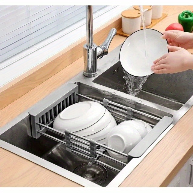 adjustable over the sink dish drying rack with stainless steel drain basket space saving solution for kitchen use details 4