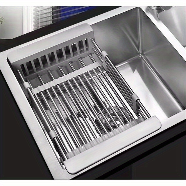 adjustable over the sink dish drying rack with stainless steel drain basket space saving solution for kitchen use details 5