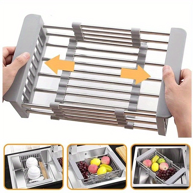 adjustable over the sink dish drying rack with stainless steel drain basket space saving solution for kitchen use details 6