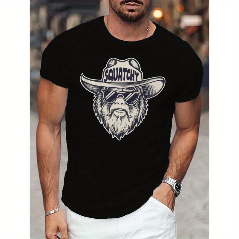 

Sasquatch Face Printed Men's Round Neck Short Sleeved T-shirt, Versatile Regular Fit Top, Perfect For Summer Daily Commute & Workout