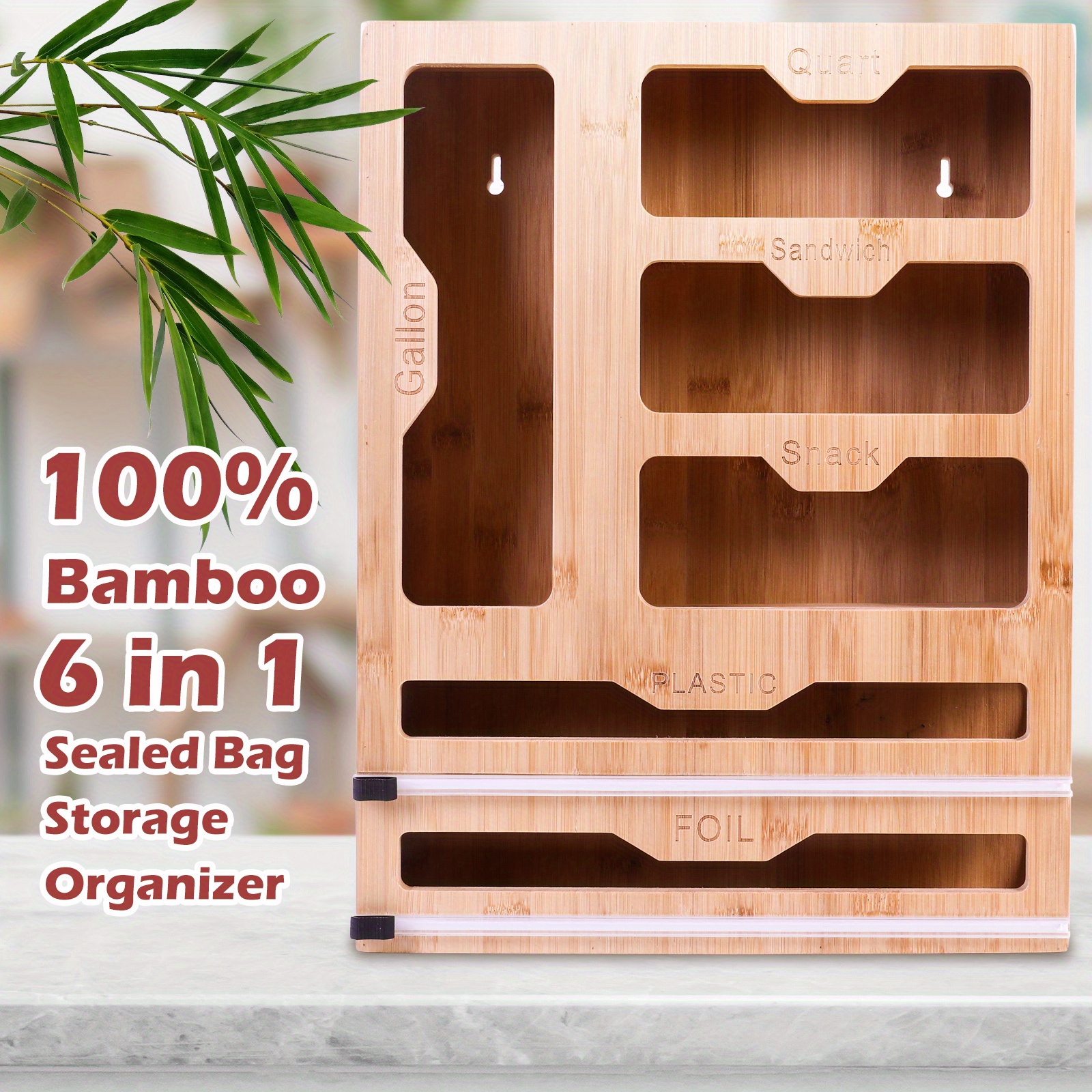 

1 Bamboo 6-in- Organizer With Knife Holder - Wall-mountable, Space-saving Storage For Plastic Wrap, Foil, & Sandwich Bags - , Ideal For Home, Dorms