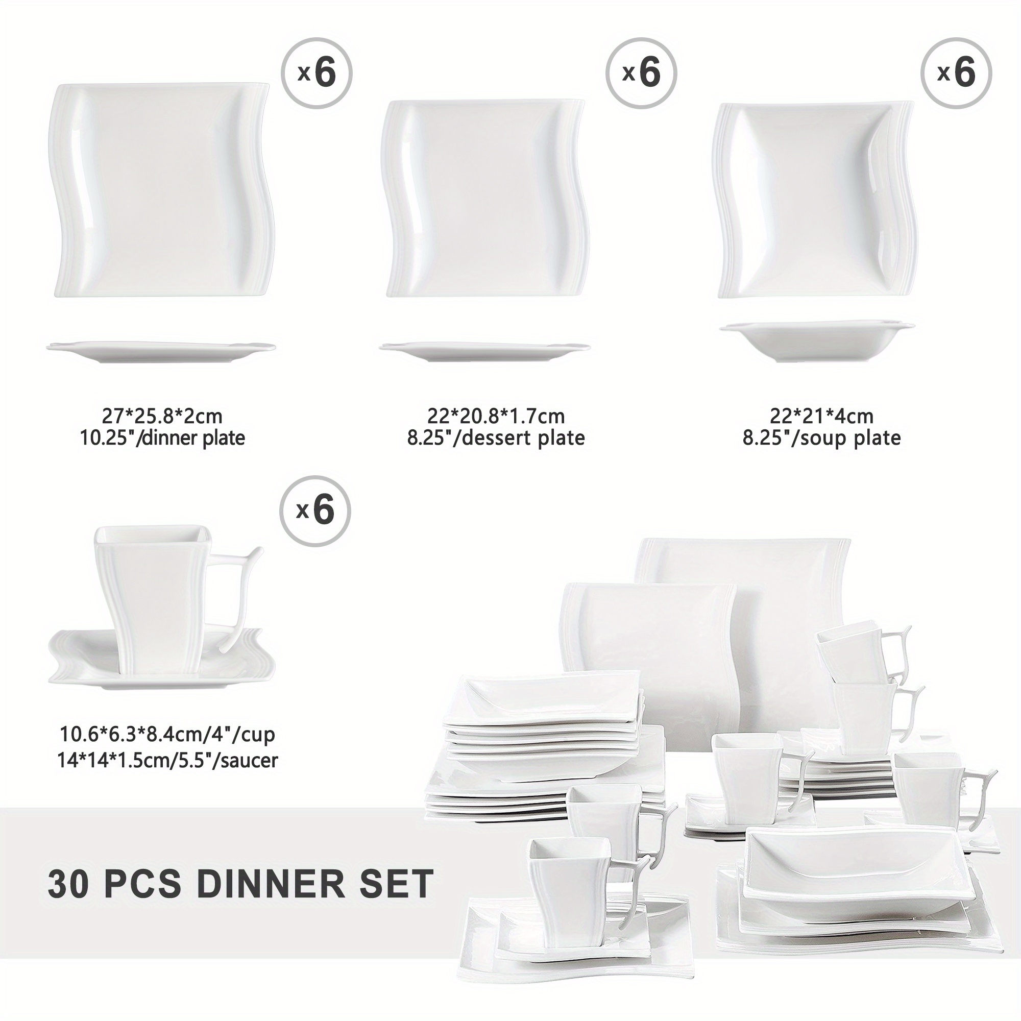 TEMU 30pcs White Porcelain Dinner Set With 6pcs Cup, Saucer, Dessert Soup Dinner Plate Tableware Set For 6 Person
