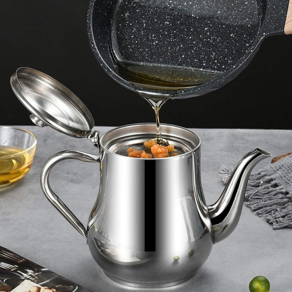 

Stainless Steel Oil Filter Pot, Rectangle Kitchen Storage Container With Detachable Fine Mesh Strainer, Leak-proof Grease , Pvc-free, Hand Wash Only - Oil And Seasoning Dispenser