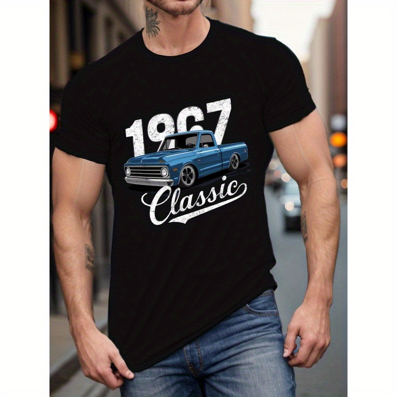 

Classic Pickup Truck 1967 Print Tee Shirt, Men's Casual Round Neck Summer T-shirt, Comfy Versatile Outdoor Top For Daily Wear