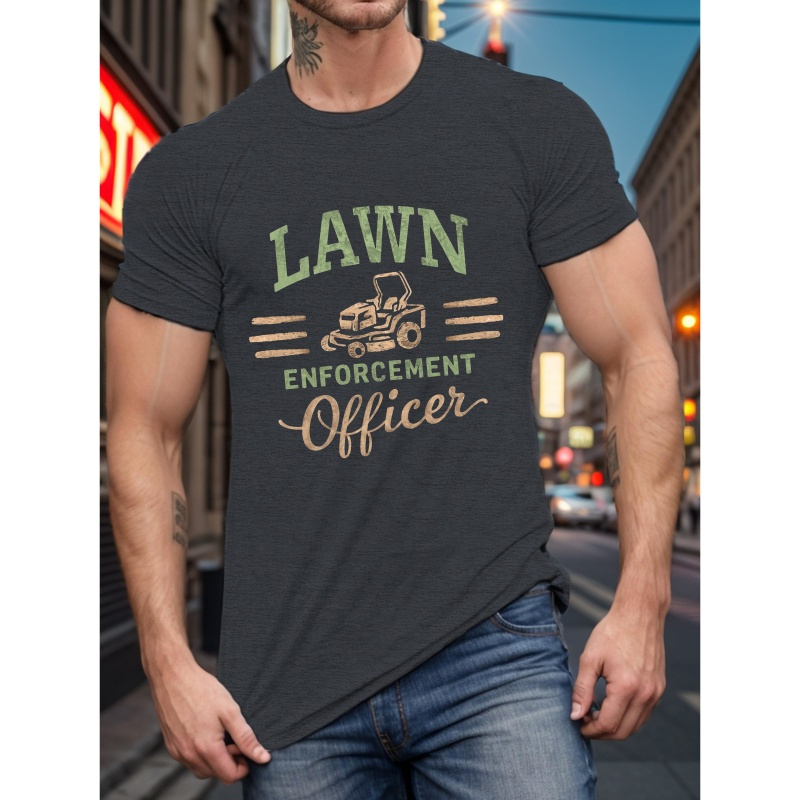 

Mower Lawn Enforcement Officer Printed Men's Round Neck Short Sleeved T-shirt, Comfortable Regular Fit Top For Summer Daily Commute & Workout