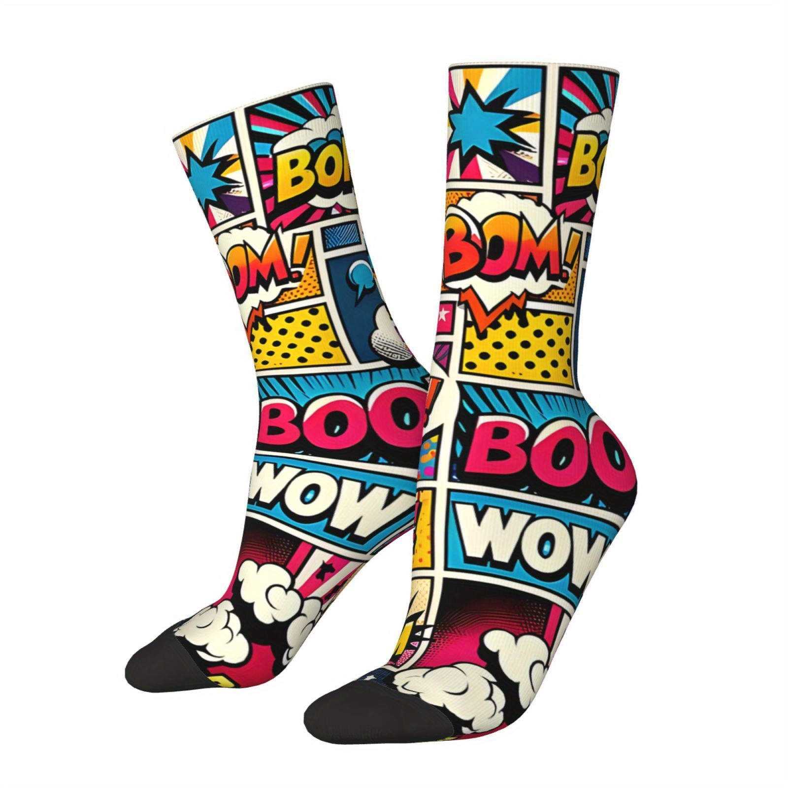 

1 Pair Hip Hop Vintage Comic Book Bang Pattern Crazy Men's Compression Socks Unisex Harajuku Seamless Printed Funny Novelty Happy Crew Sock Boys Gift