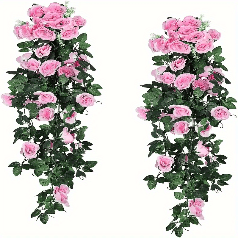 

2pcs Artificial Rose Vine Hanging Garland - No Power Needed, Plastic Outdoor Fake Flower Decor For Home Wedding Anniversary - Lifelike Plant