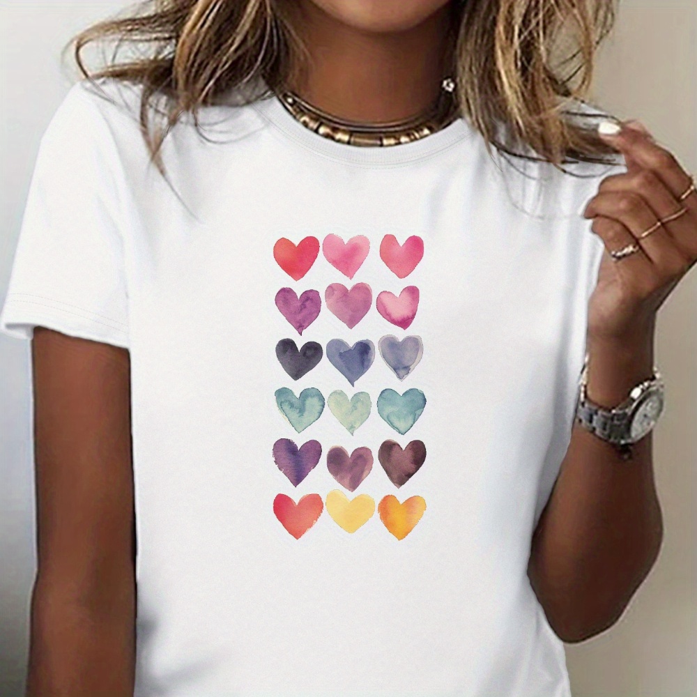 

Hearts Gradient Print Crew Neck T-shirt, Casual Short Sleeve Top For Spring & Summer, Women's Clothing