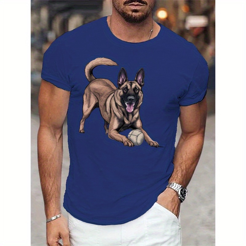 

Men's Belgian Malinois Dog Print Short Sleeve Breathable T-shirt, Solid Color Machine Washable Tee, Casual Wearing For Summer Outdoor Sports