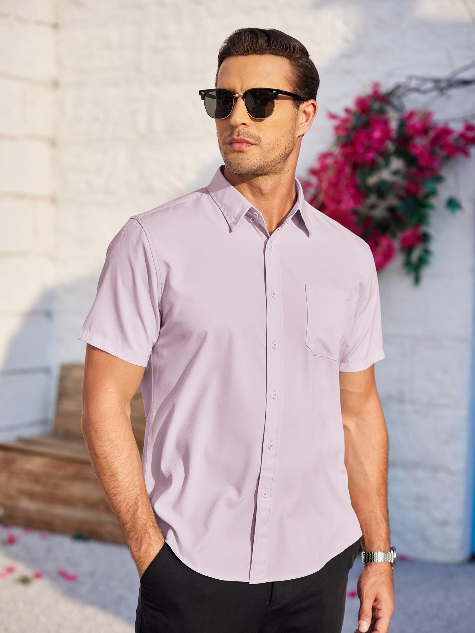 Mens Casual Dress Shirt Short Sleeve Wrinkle Free Dress Shirt Business Casual Shirts