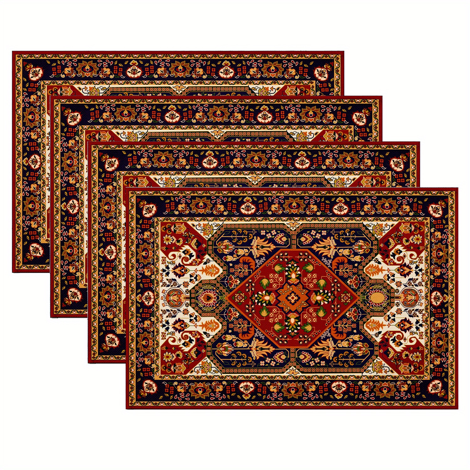 

4-pack Woven Polyester Placemats - Turkish Carpet Art Design, Hand Washable, Rectangular Table Mats For Home & Kitchen Decor, 12x18 Inches