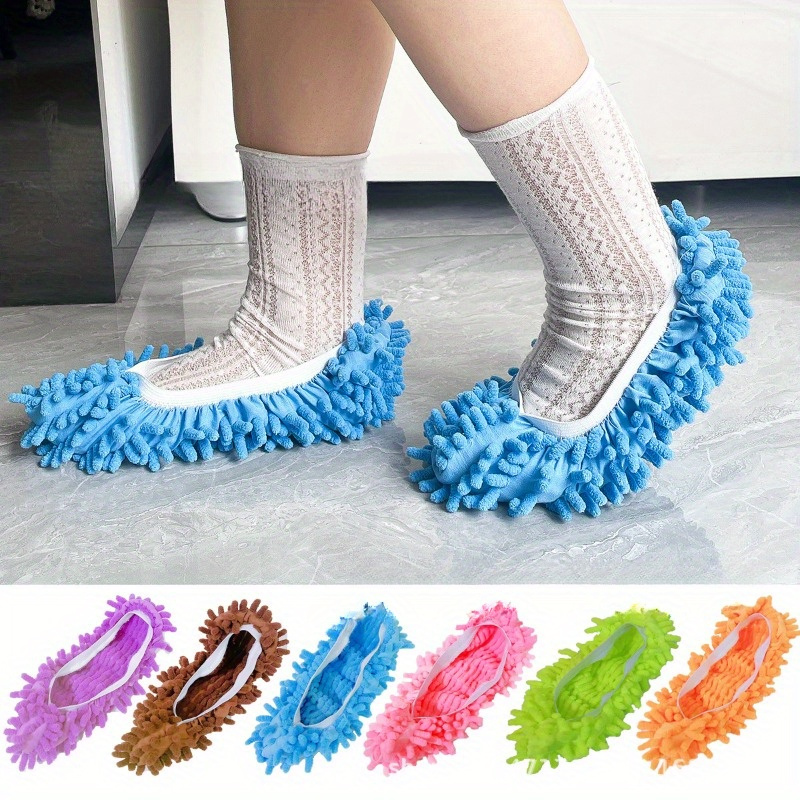 

2pcs/set Chenille Shoe Covers, Lazy Mop Slippers For Floor Cleaning, Polyester Dust Mop Socks - Reusable And Washable