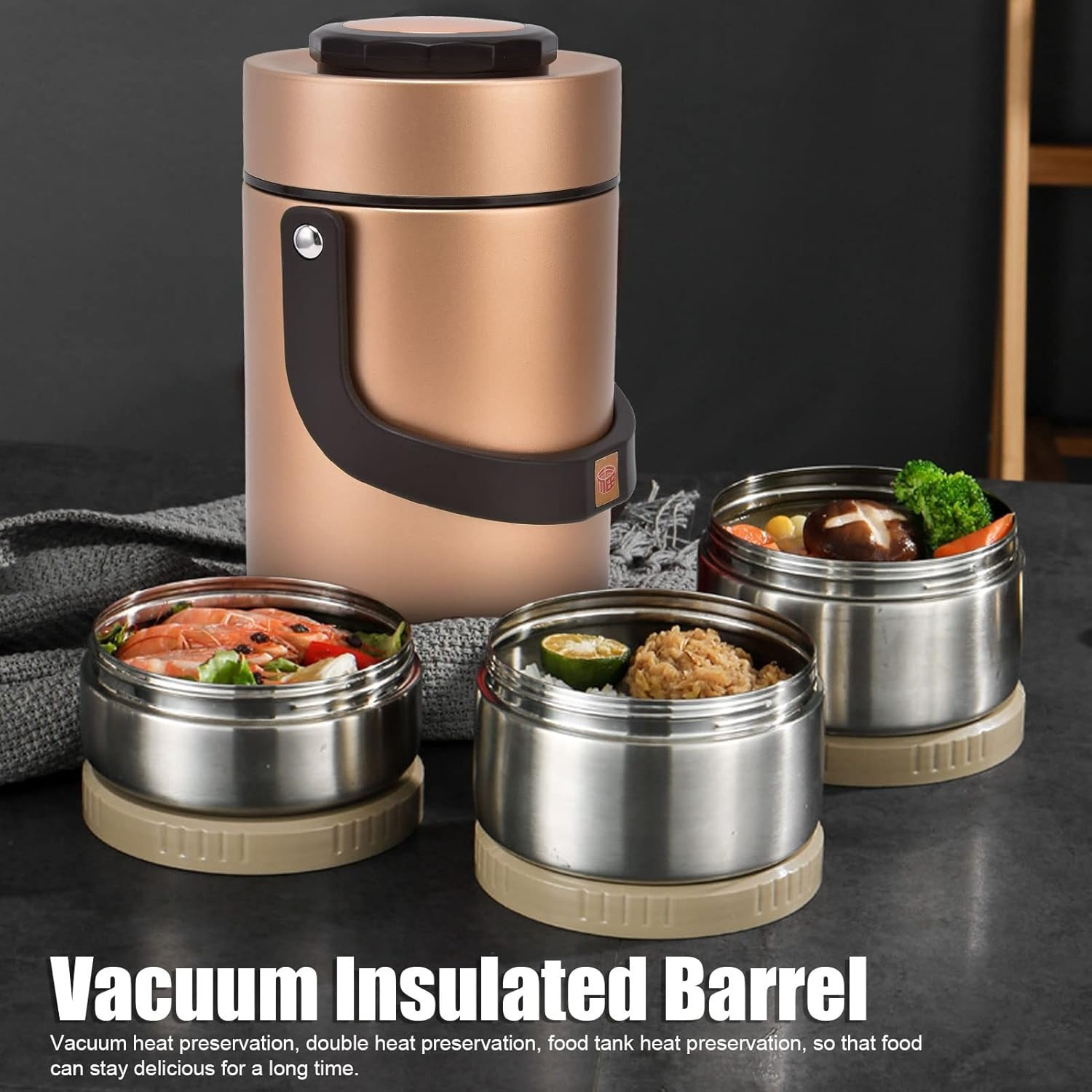 

2000ml 304 Stainless Steel Vacuum Insulation Lunch Box Portable 3 Layer Vacuum Insulated Barrel, Double Vacuum Interior Design With High Density For Thermal Insulation