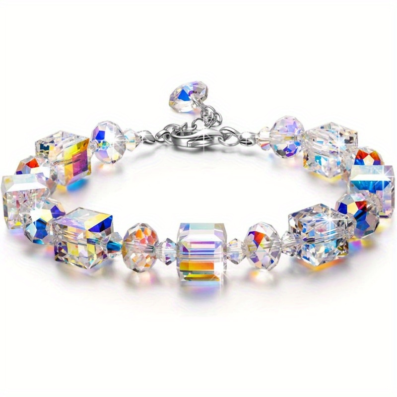 

Elegant Sterling Silver Bracelet With Northern Lights Crystals, Adjustable 7"+2" Extension, Versatile All-season Accessory, Ideal For Daily Wear & Gifts