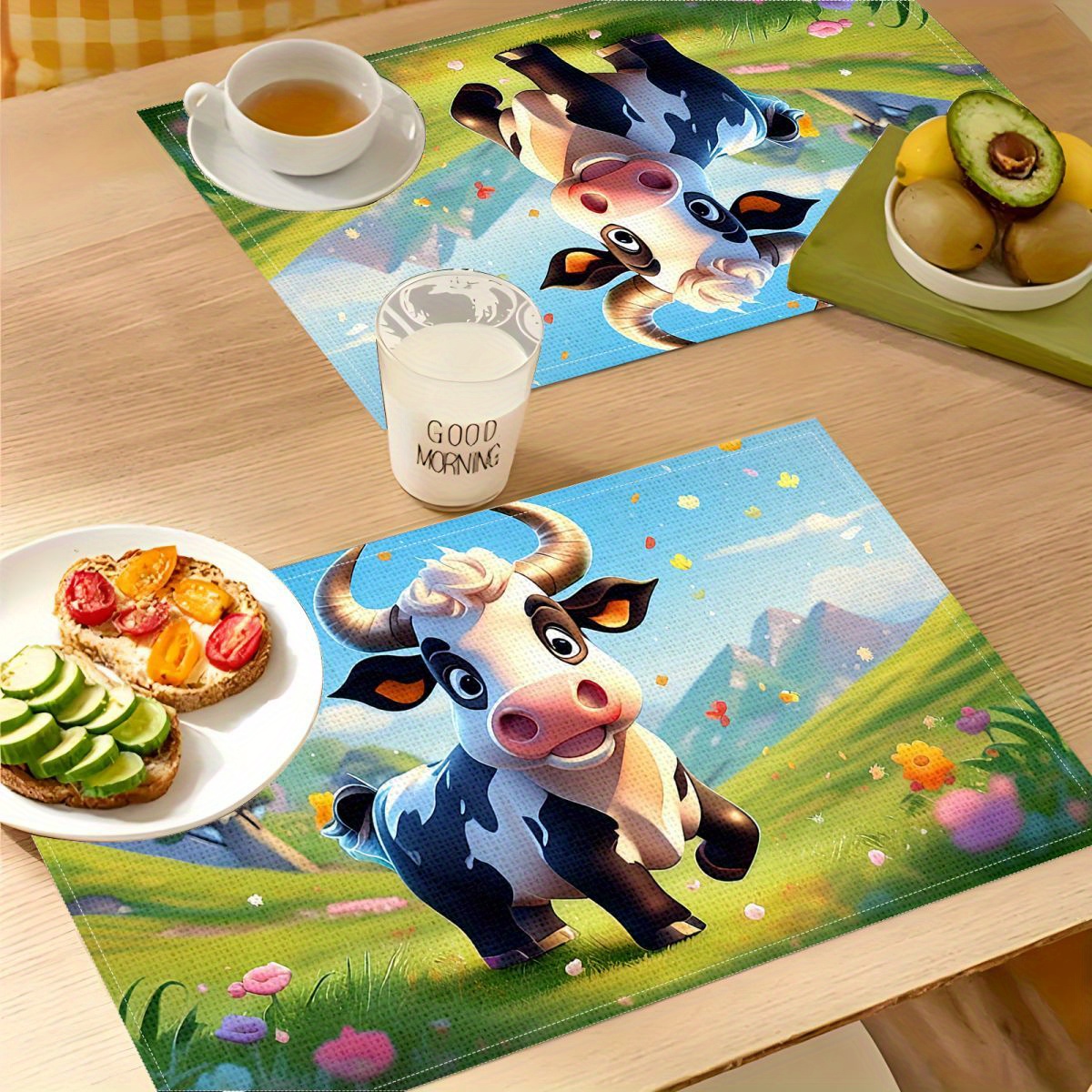 

Linen Place Mats Set Of 2/4/6 - Cartoon Cow Design Woven Table Mats - Durable Linen Fabric, Rectangular Hand Washable Placemats For Home, Hotel, Banquets, Family Gatherings