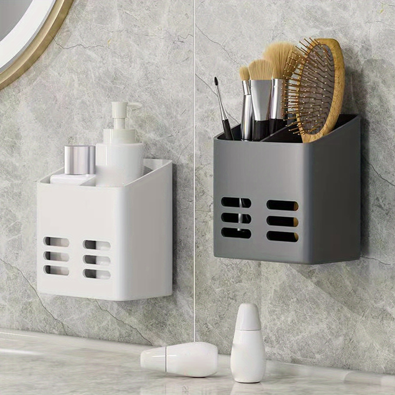 item picture one piece of wall mounted storage organizer a versatile shelf that requires no drilling designed to   it serves as a holder for bathroom cosmetics with a draining basket a toothbrush and comb holder and a stand for shavers ideal  