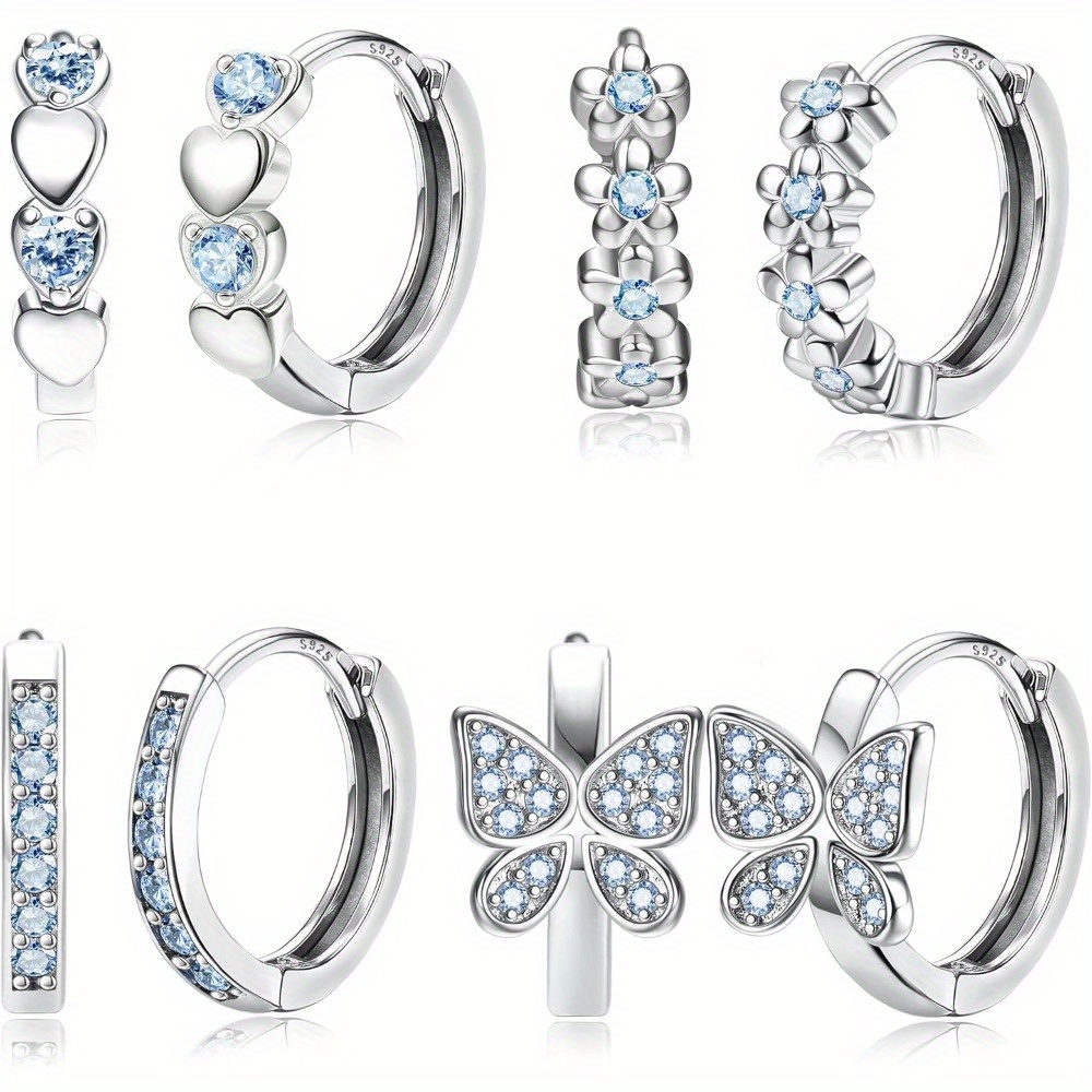 

4 Pairs Hypoallergenic 925 Sterling Silver Hoop Earrings For Women - , Flower, & Star Designs With Cubic Zirconia - Nickel-free, Cartilage Sensitive Ears