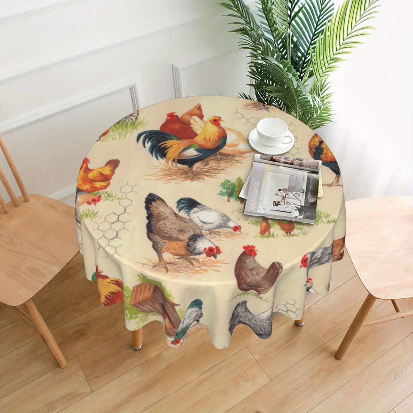 

Nappe ronde imprimée coq de style ferme - 1 pièce 100% polyester tissé, lavable en machine, antitache, décoration de cuisine pour la maison et les fêtes