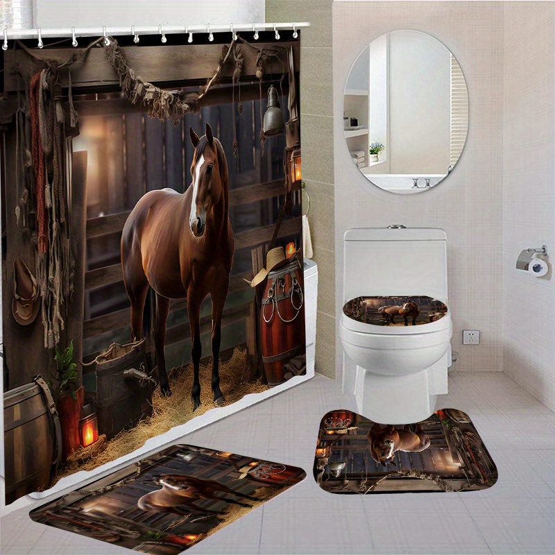 

Barn Bathroom Set: 1pc/4pcs Waterproof Shower Curtain, Toilet Seat Cover, Bath Mats & Rugs - Non-slip, Washable, Polyester Fabric, 12 Hooks Included