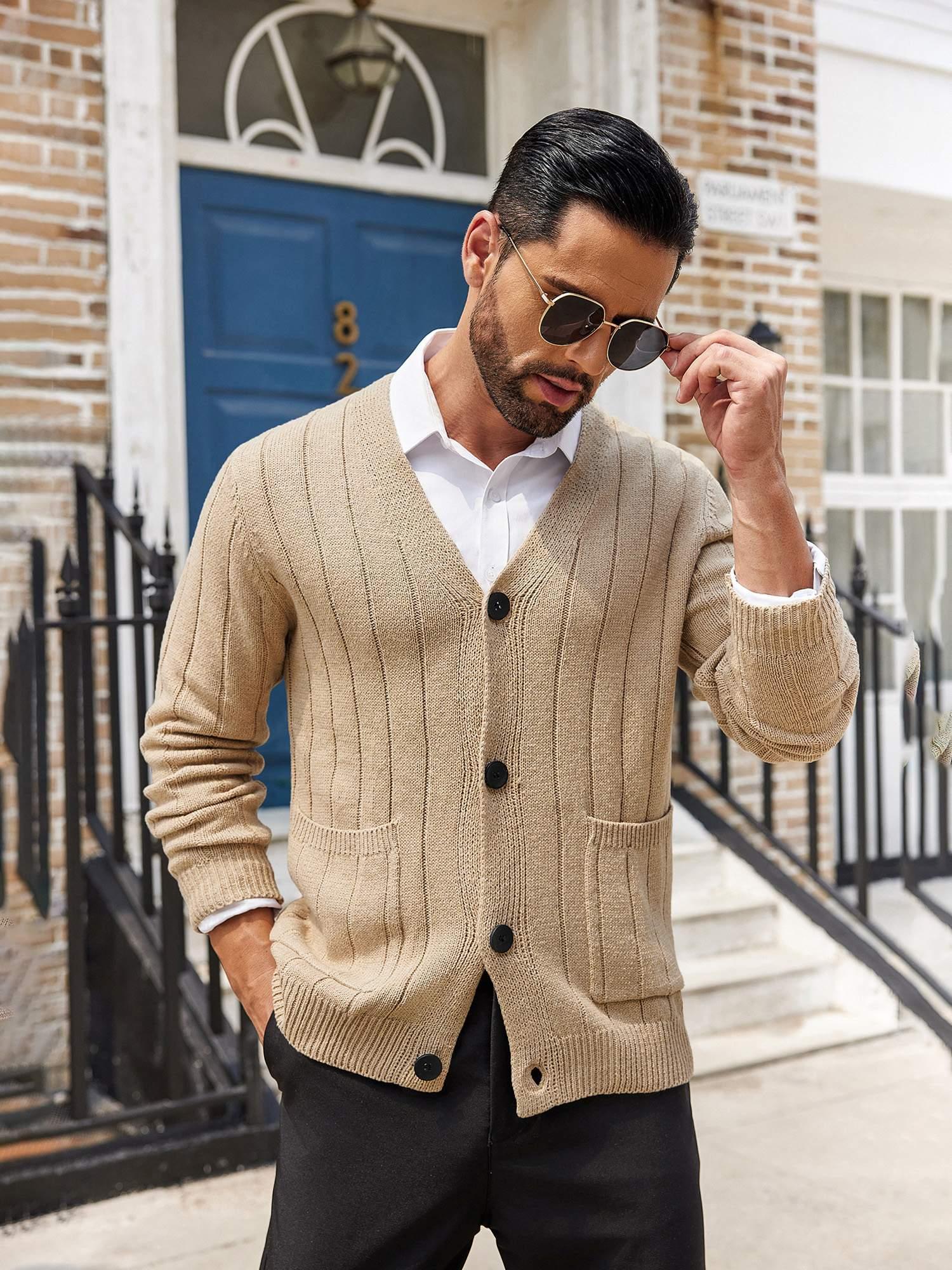 Knit Sweater Mens Tunic Cardigan Custom Loose Button Mesh Hollow