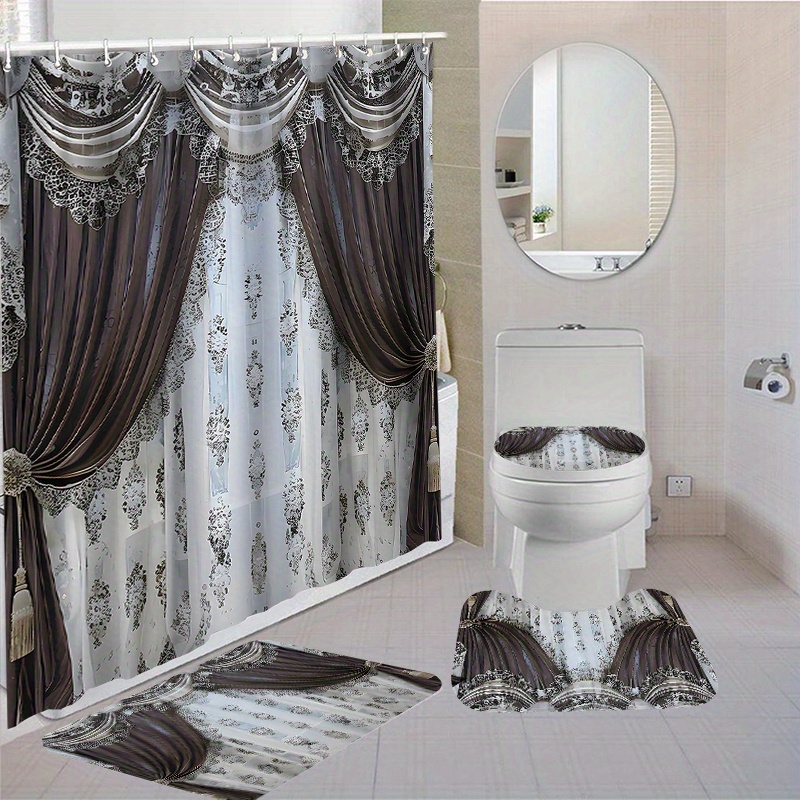 

1pc/4pcs Waterproof Bathroom Shower Curtain Set With 12 Hooks Toilet Seat Bath Mats And Rugs Non-slip Carpet Toilet Covers Polyester Fabric Washable Curtain For Windows Bathroom Accessories