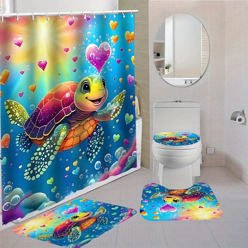 

Water-resistant Woven Polyester Shower Curtain Set With 12 Hooks - Non-slip Bath Mats, Toilet Seat Cover, Rug | Dry Clean Only | Fashion Turtle Pattern | Bathroom Accessories Set With Special Features