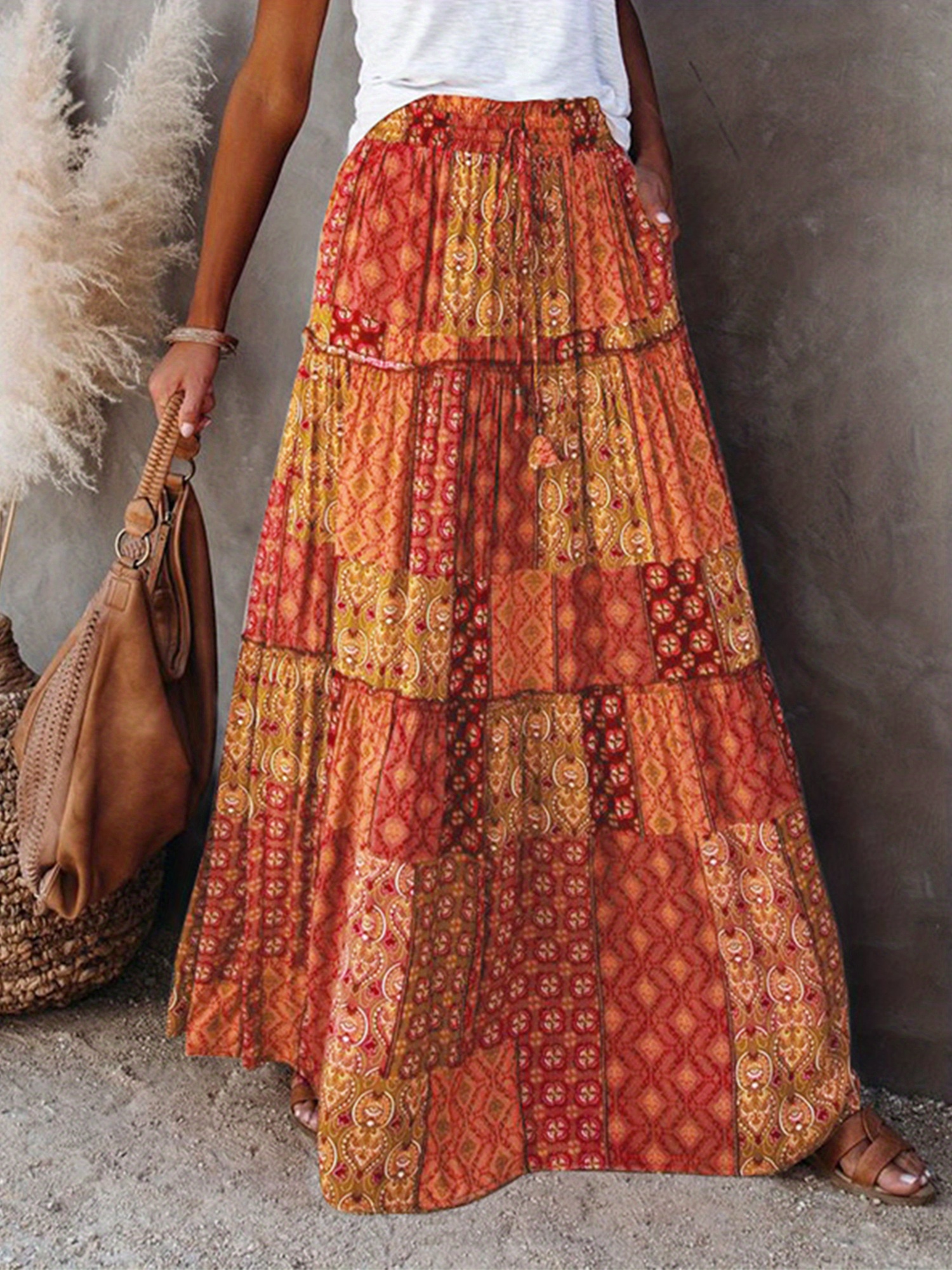women's boho floral maxi skirt elastic high waist tiered Temu Canada