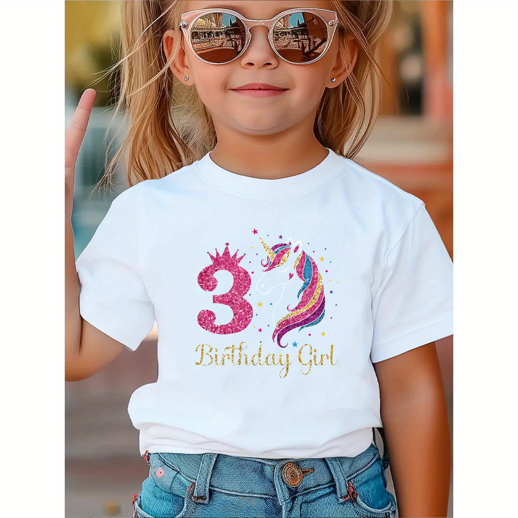 

3rd Birthday Girl Horned Horse Graphic Short-sleeve T-shirt - Fashion Round Neck Summer Top - Casual Knitwear - Machine Washable