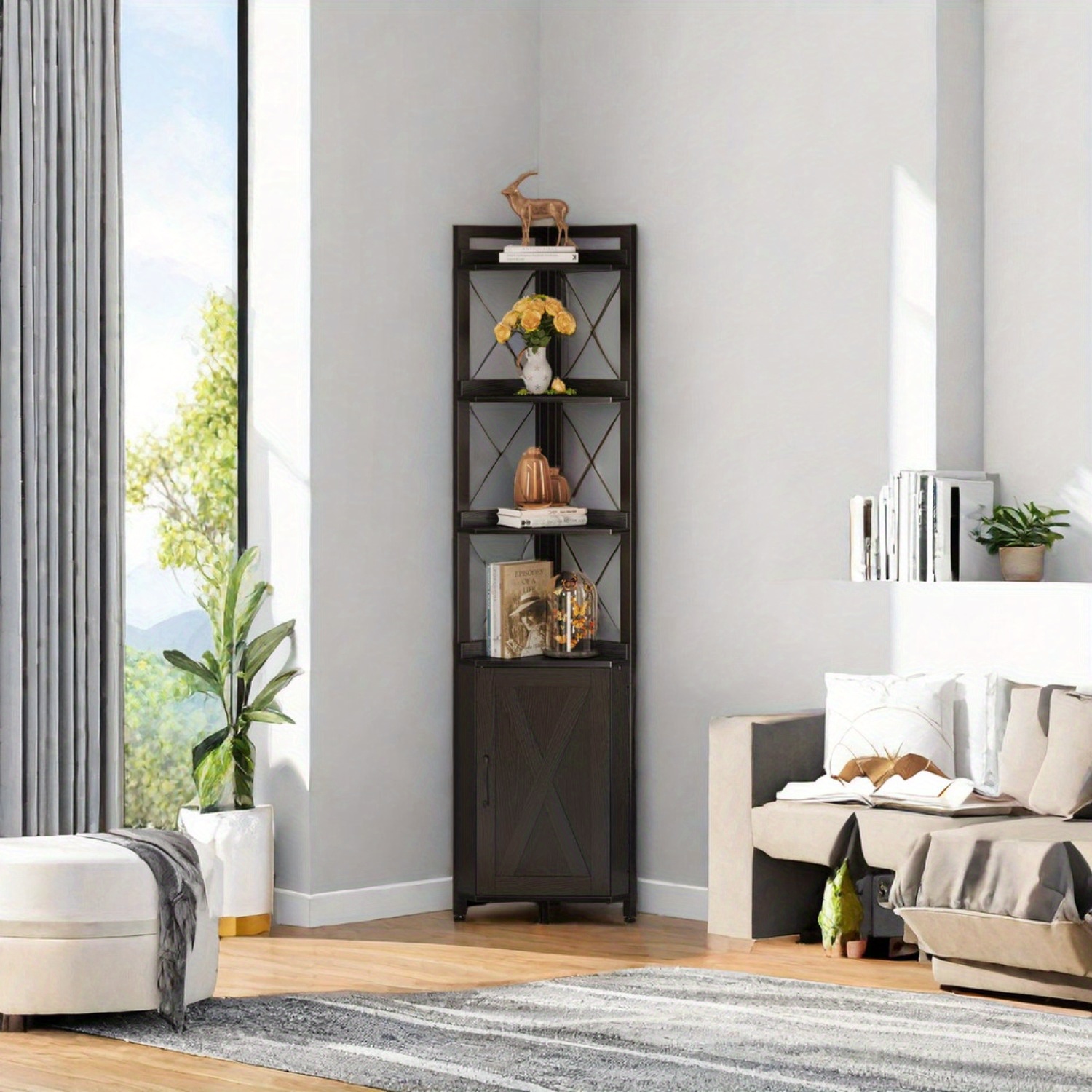 

Corner Shelf With Doors, Corner Cabinet With Shelves, 6 Tier Corner Bookshelf, Freestanding Corner Storage Stand For Bathroom, Kitchen, Living Room