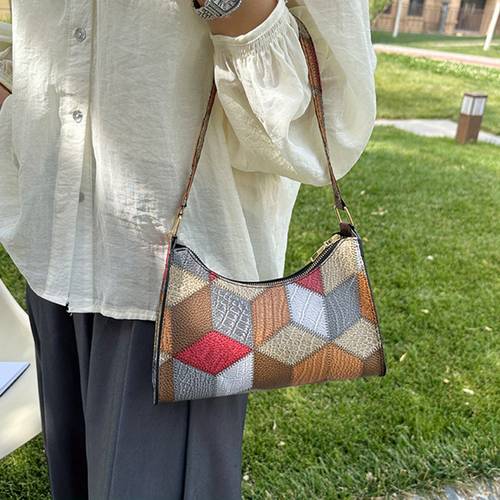 stylish women s geometric pattern shoulder bag lightweight pu handbag with long strap multicolor like design for casual or formal occasions casual shoulder bag geometric pattern bag bag