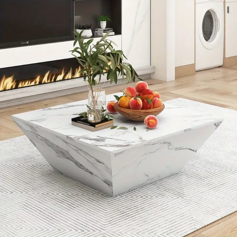 modern marbling veneer pvc table white square side table with 2 cabinets large tea table with storage for living room or office 70 x 70 x details 1