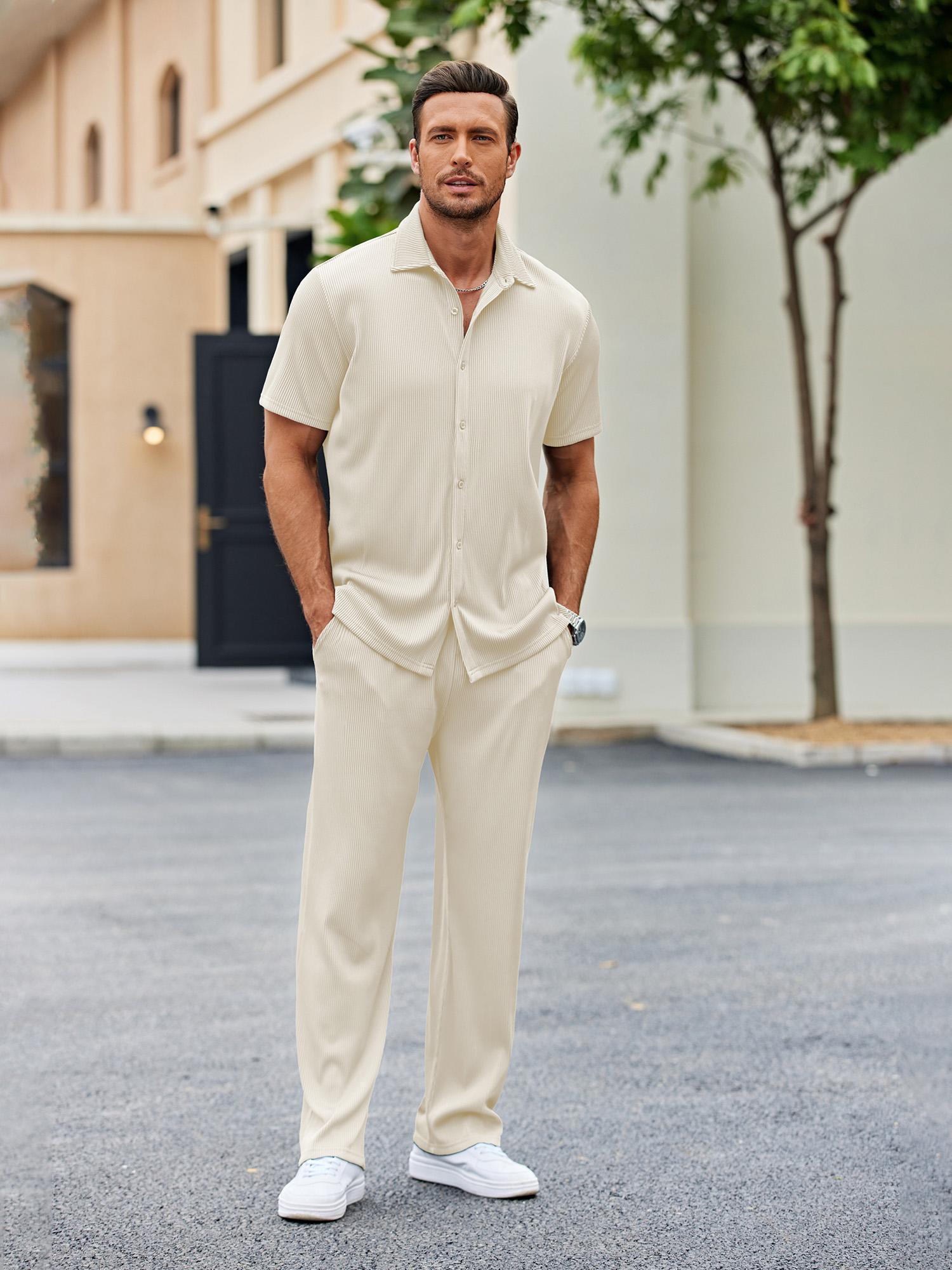 Beige Beach Outfit Men *'S 2pcs Outfit Casual Short Sleeve Button