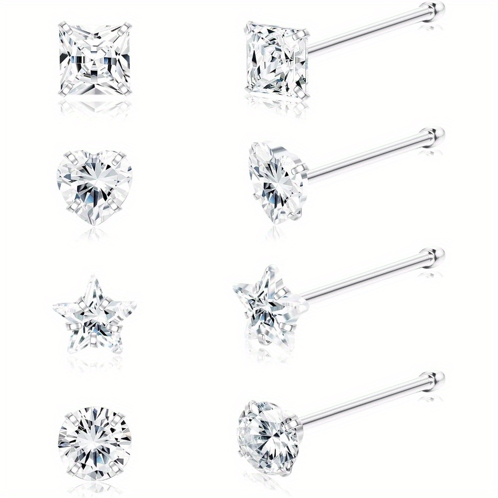 

8pcs 925 Sterling Silver Nose Studs Set, Assorted Shapes Cubic Zirconia, Earrings For , No Plating Hypoallergenic Piercing Jewelry For Daily And Vacation, Japan And South Korea Inspired