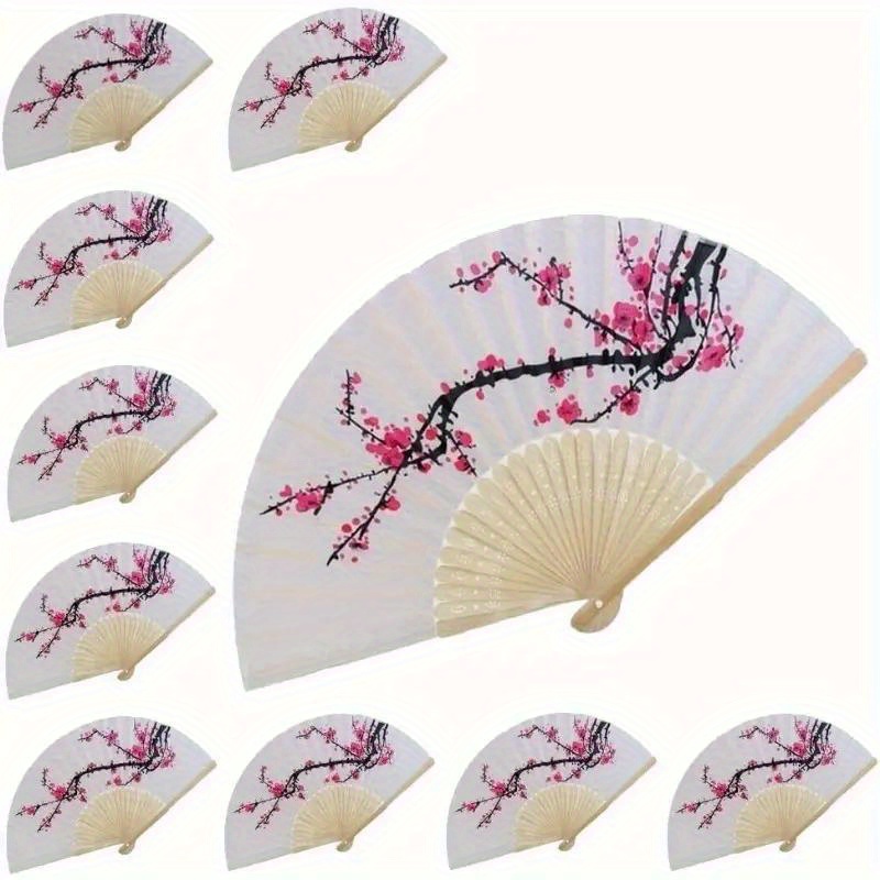 

10pcs Classic Cherry Silk Fabric Folding Fan - Japanese Style Decorative Handheld Fan Wedding Party Favors