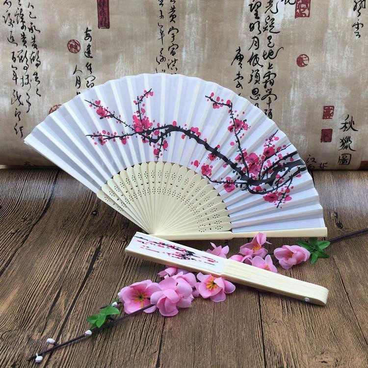 10Pcs Classic Cherry Blossom Silk Fabric Folding Fan - Japanese Style Decorative Handheld Fan Wedding Party Favors details 0