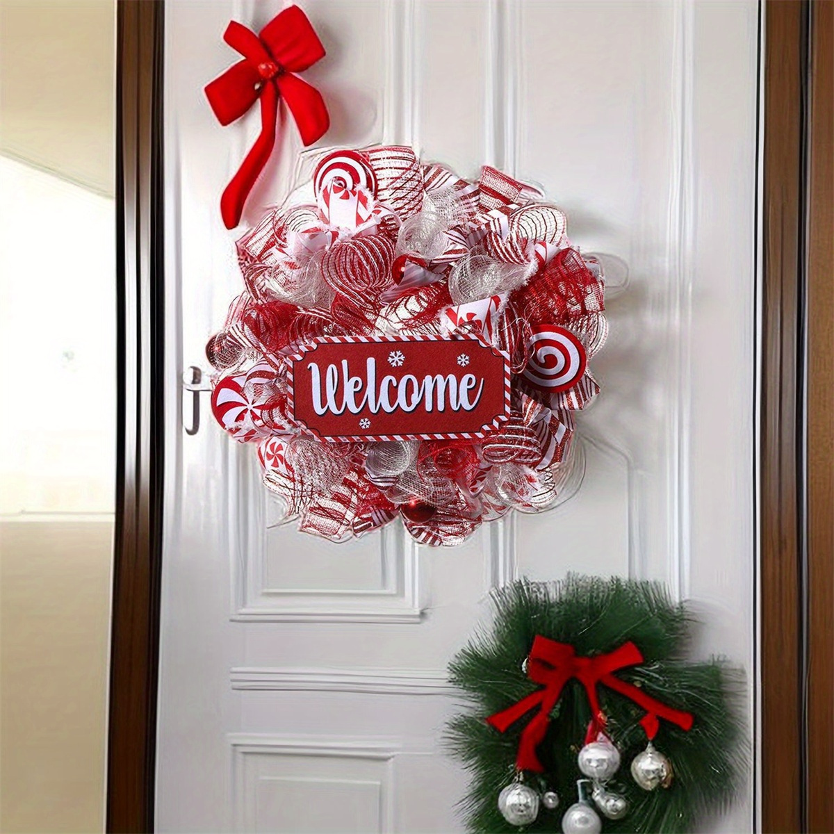 

Christmas Welcome Mesh Door Wreaths With Lights, Artificial Christmas Front Door Outside Wreath, Thanksgiving Deco