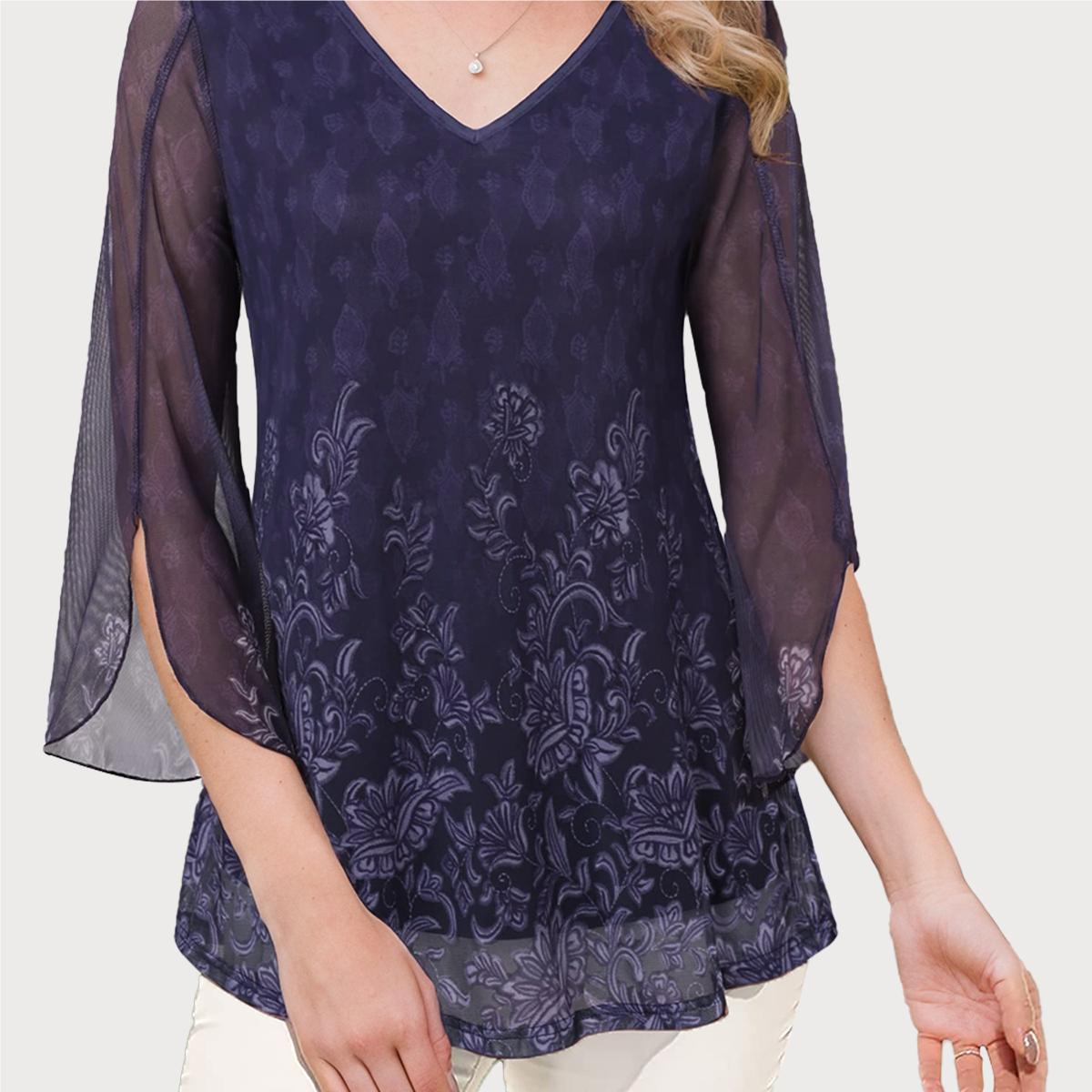 

Floral Print V-neck Slim Blouse, Vintage Split Flare Sleeve Blouse For Spring & Fall, Women's Clothing