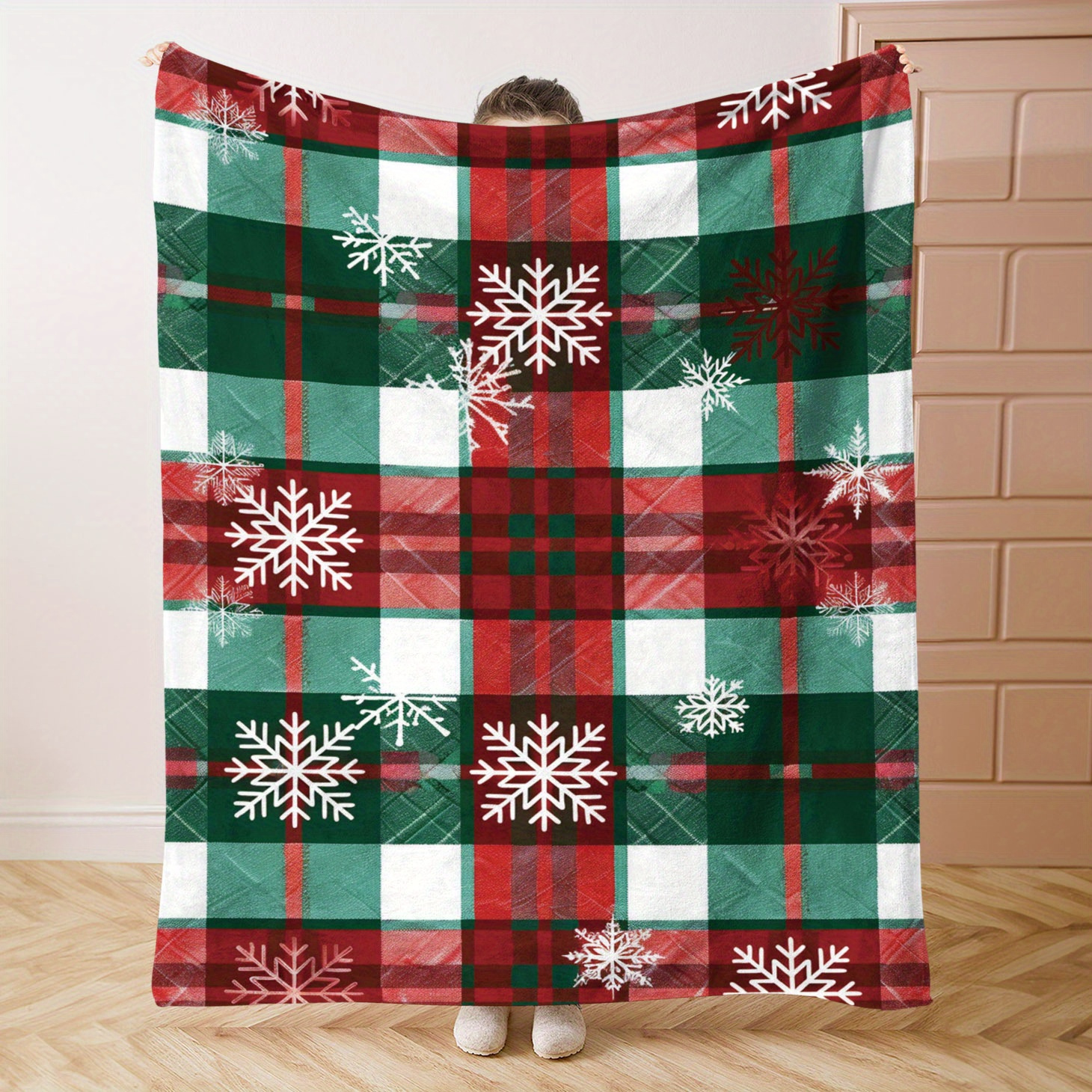 

Christmas Snowflake Plaid Flannel Throw Blanket - Soft, Quilted Knit Polyester Weave, Digital Print, All-season Lightweight Bedding, For Sofa, Home, Travel - Contemporary Style, Versatile Use