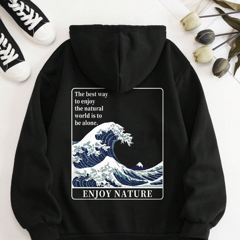 

Wave Print Kangaroo Pocket Hoodie, Casual Long Sleeve Pullover Sweatshirt For Fall & Winter, Women's Clothing