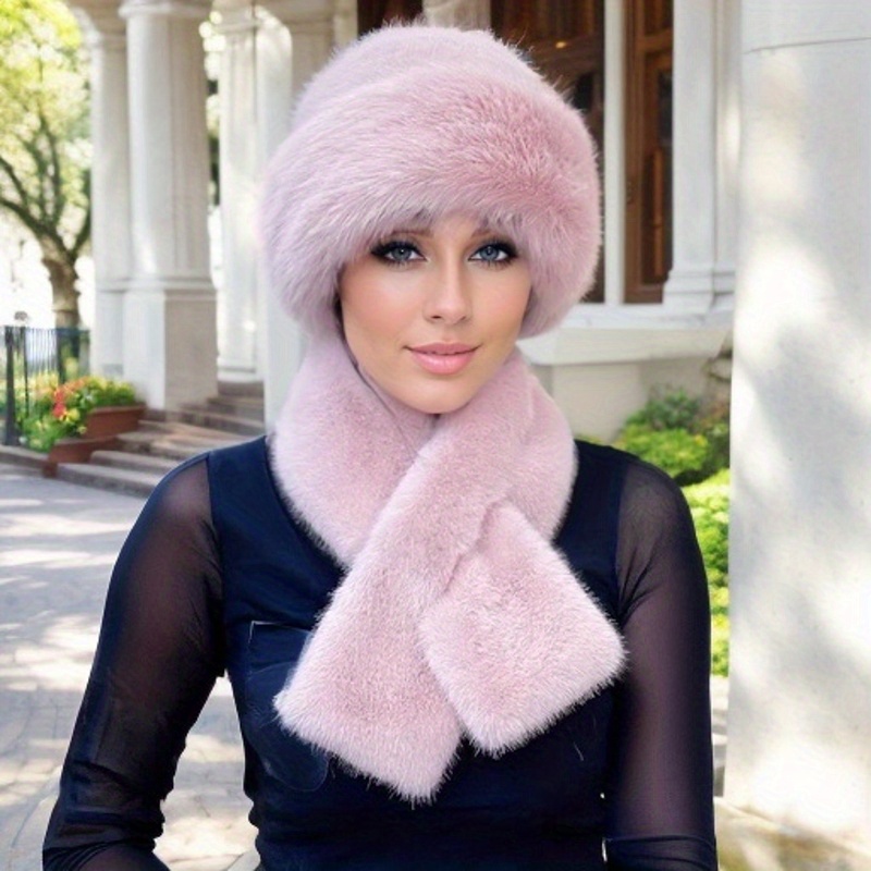 TEMU Women's Luxurious Fur Hat And Scarf Set, Warmth Thickened Polyester Fox Fur   Earmuffs, , Knitted No-brim Hat, Non-stretch, Wash