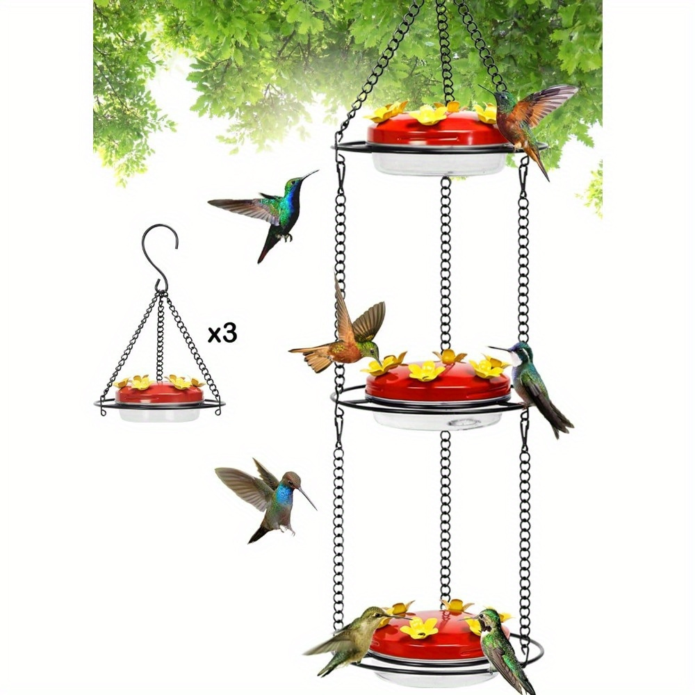 

2024 Hummingbird Feeder For Outdoors Hanging, 3 Tiers Metal Feeders With Clear Bowl Wild Bird Feeder Ant And Bee Proof, 18 Feeding Ports, Leak-proof, Detachable (21oz)