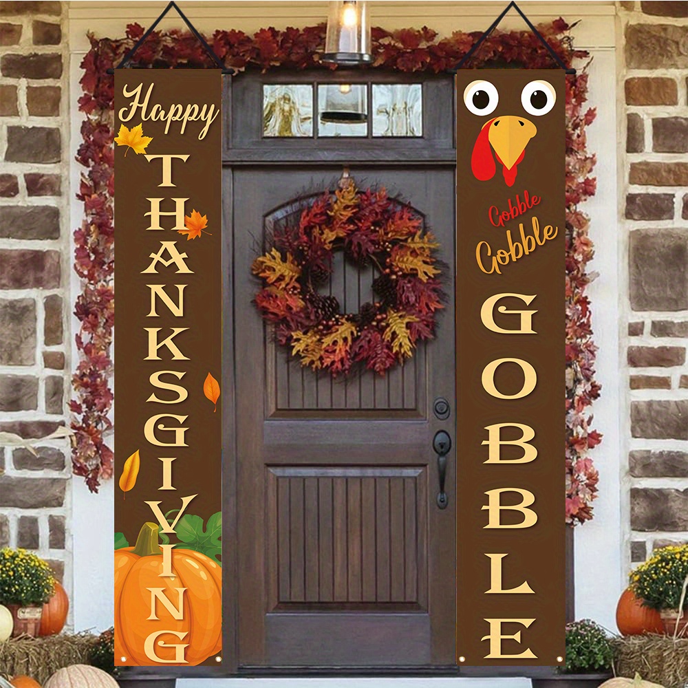 

2-pack Thanksgiving Porch Sign Banners - Polyester Harvest Fall Decor With Pumpkin, Maple Leaf & , Seasonal Farmhouse Entryway Hanging Decorations For Home & Outdoor Walls