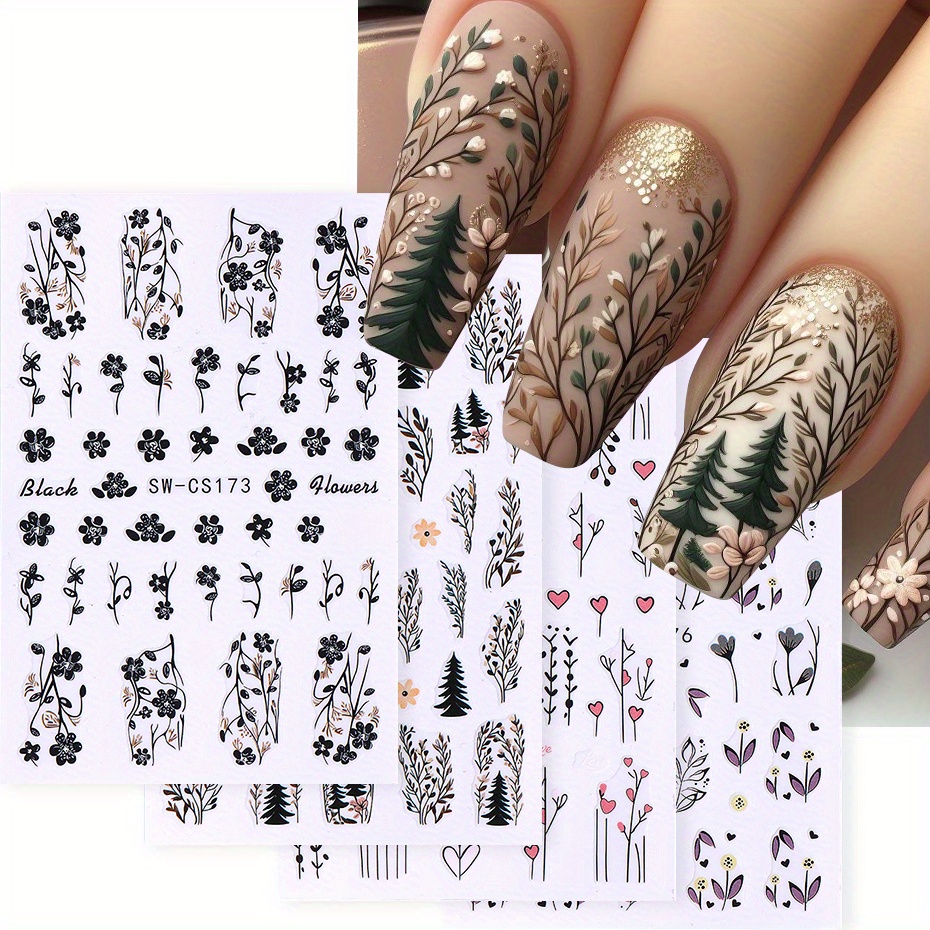

4pcs Autumn & Winter Nail Art Stickers - 3d Self-adhesive Decals With Black Floral, Love Heart & Leaf Designs For Diy Manicure