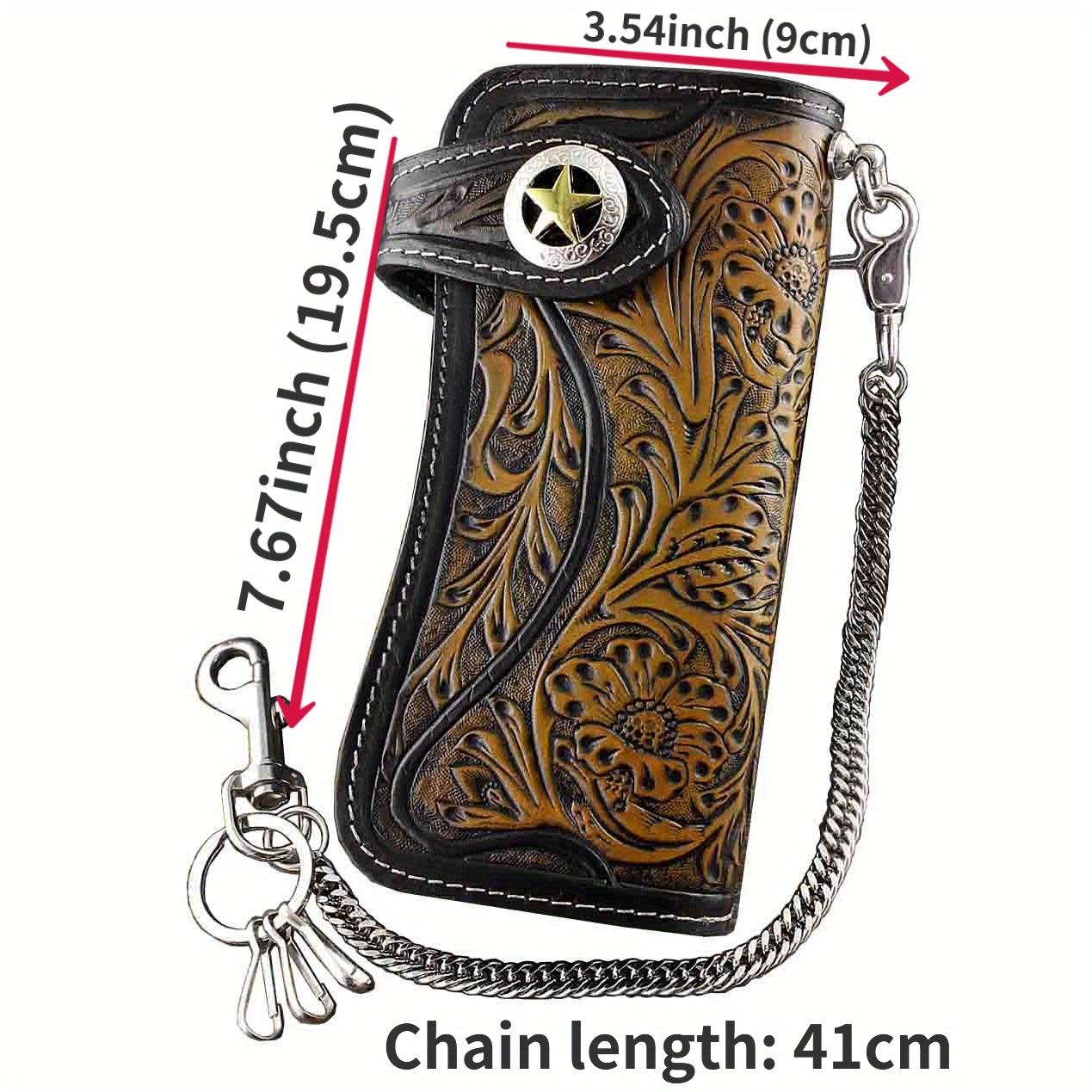 mens tan carved long leather wallet biker trucker chain l77 - Temu