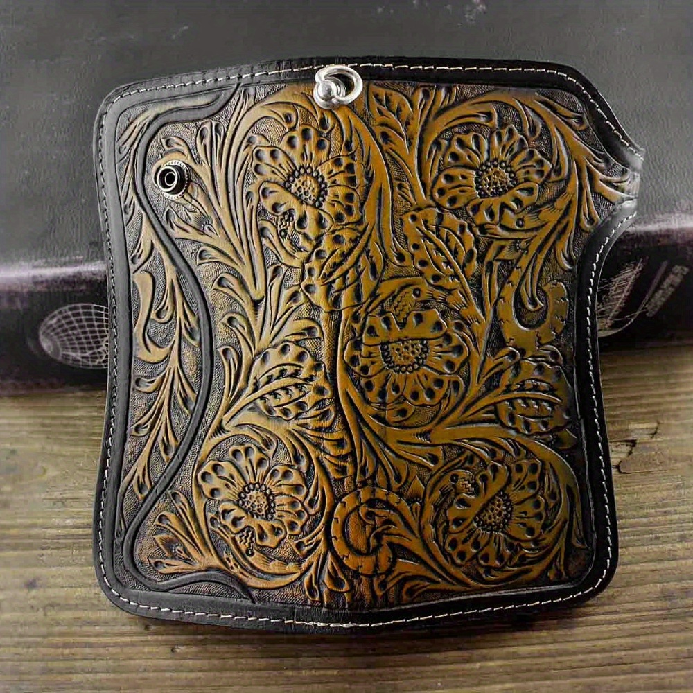 mens tan carved long leather wallet biker trucker chain l77 - Temu